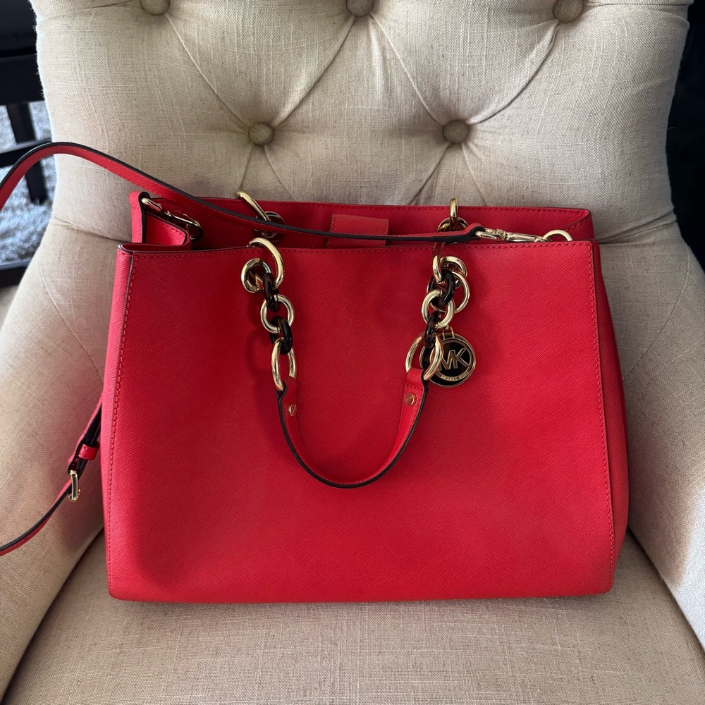 Michael Kors Red Saffiano Leather Chain Tote / Shoulder Bag